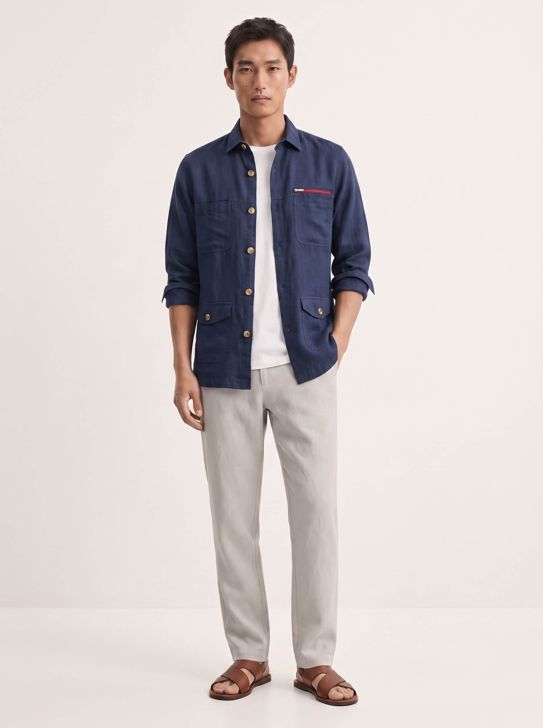 Navy 100% Pure Linen Detailed Overshirt