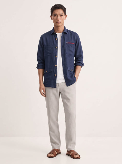 Navy 100% Pure Linen Detailed Overshirt