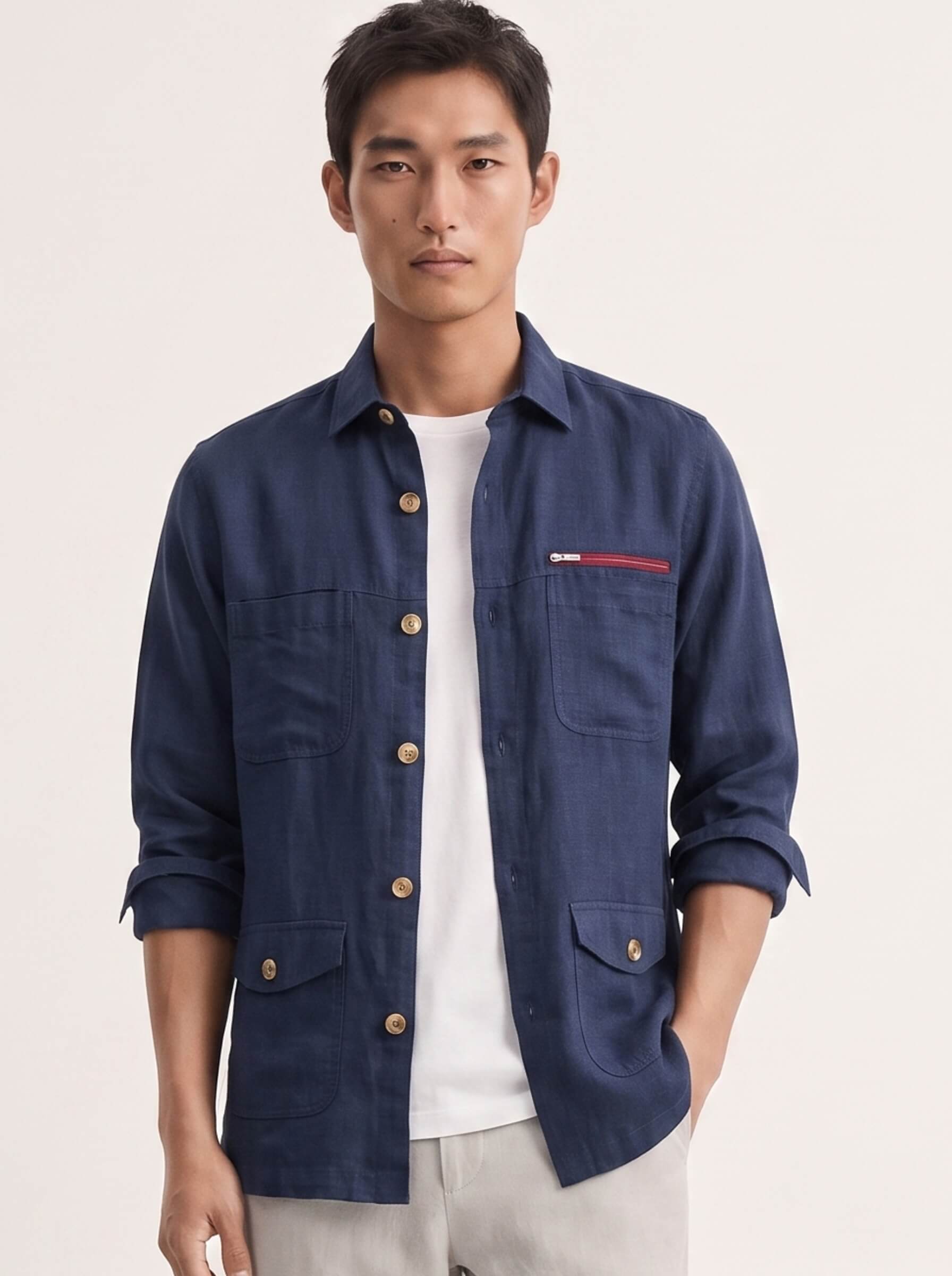Navy 100% Pure Linen Detailed Overshirt