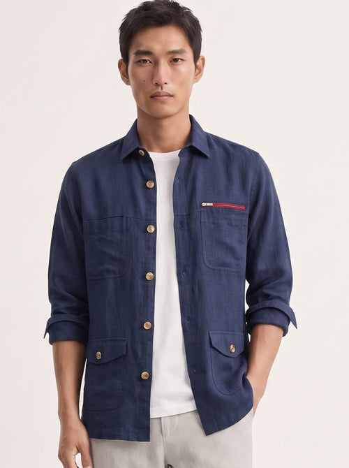 Navy 100% Pure Linen Detailed Overshirt