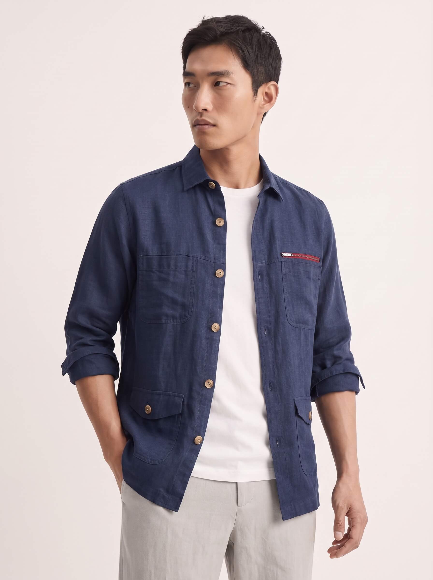 Navy 100% Pure Linen Detailed Overshirt