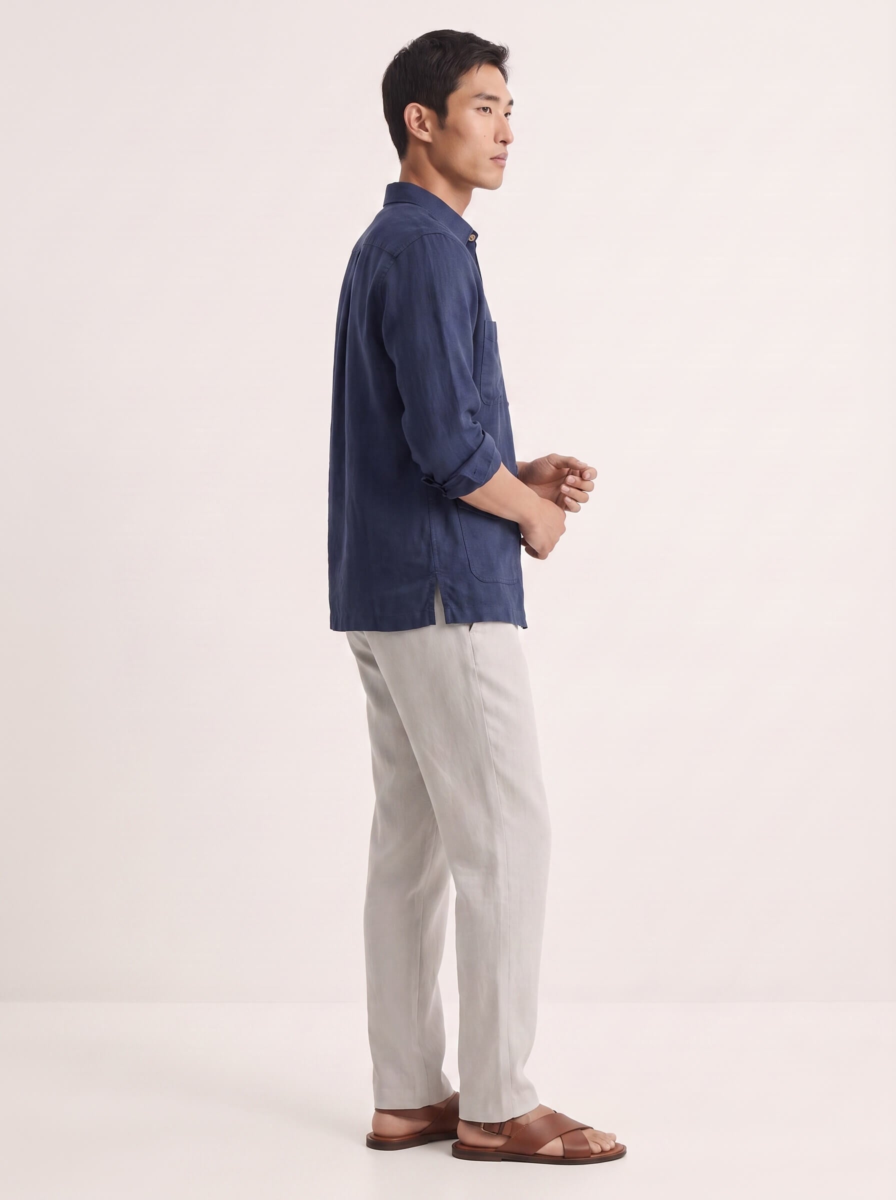 Navy 100% Pure Linen Detailed Overshirt