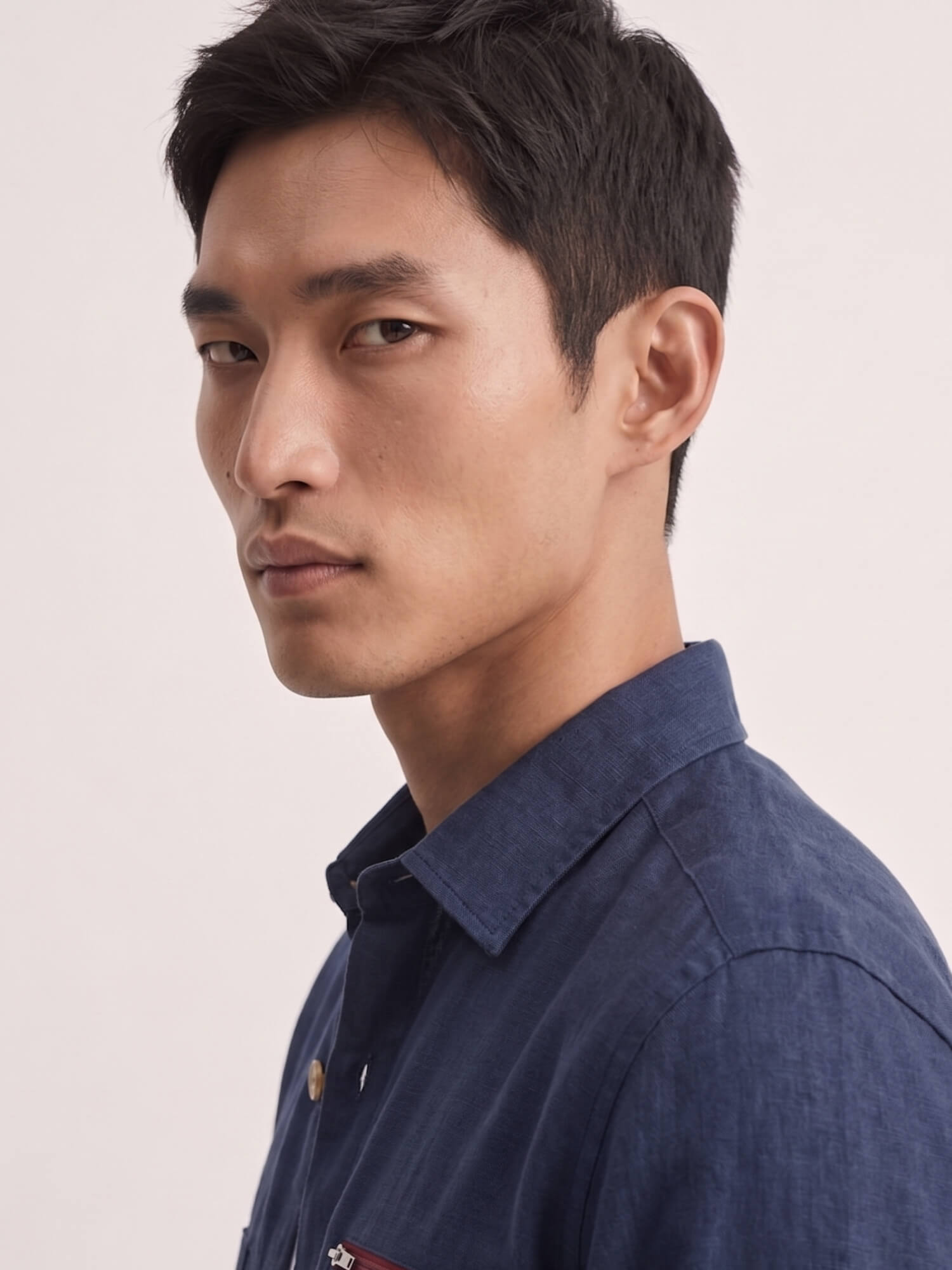 Navy 100% Pure Linen Detailed Overshirt