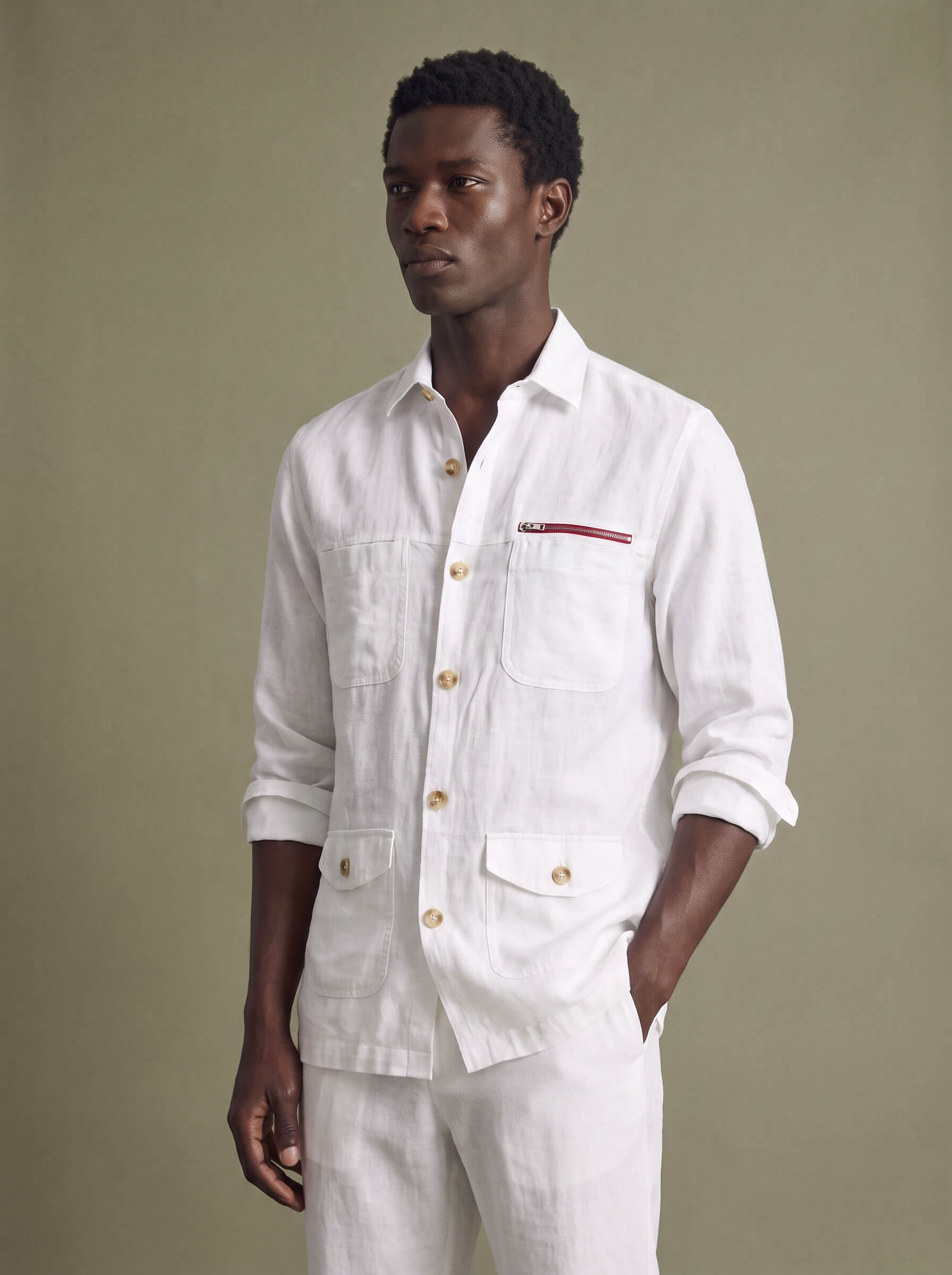 White 100% Pure Linen Detailed Overshirt