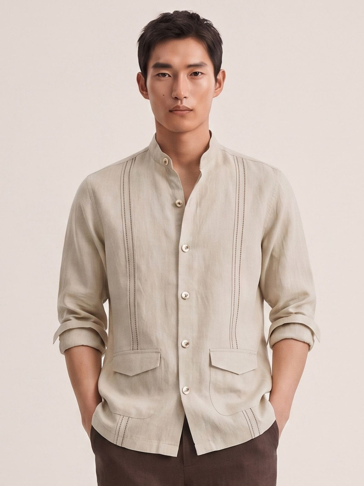 Beige 100% Pure Linen Signature Overshirt