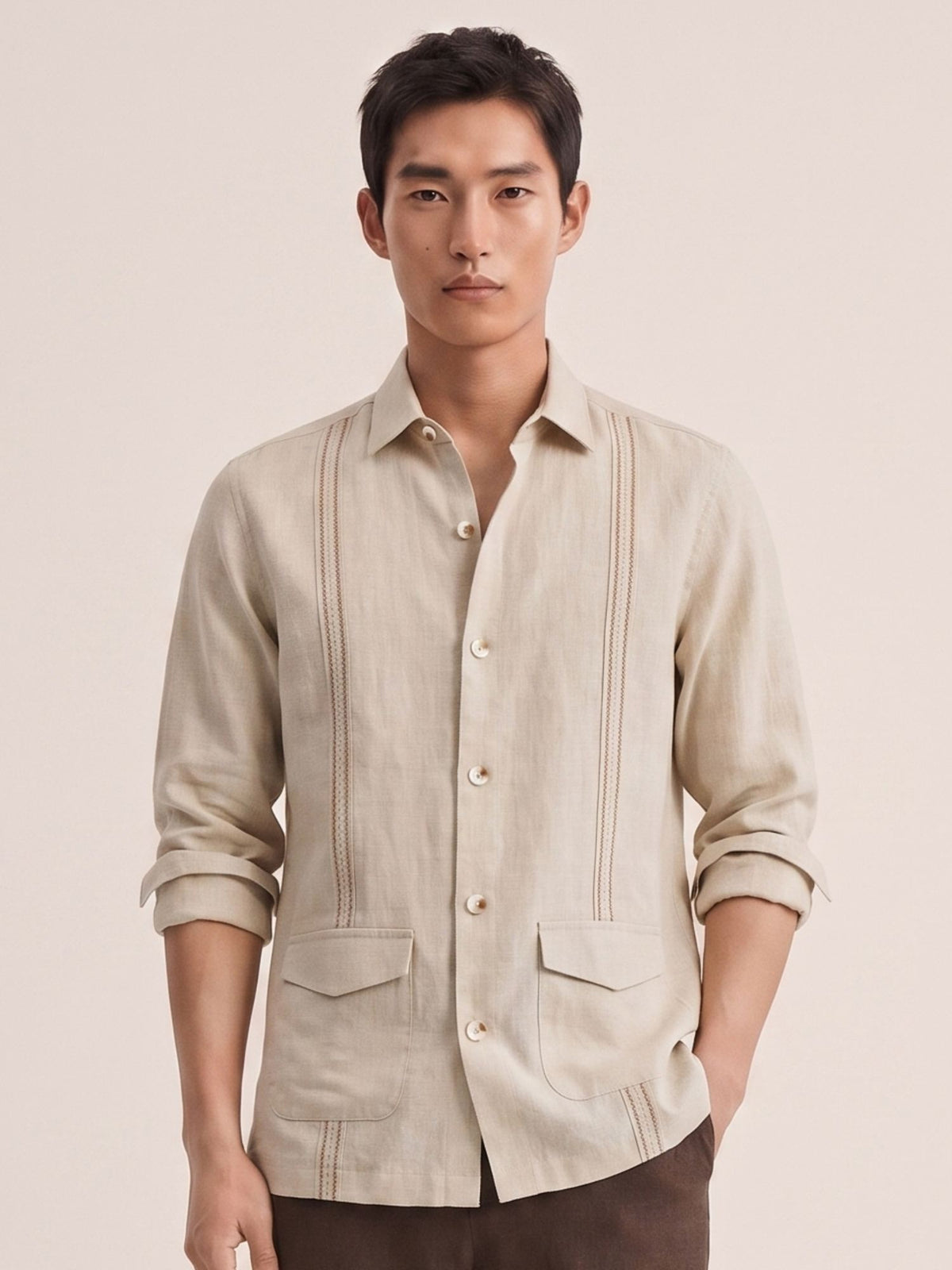 Beige 100% Pure Linen Signature Overshirt