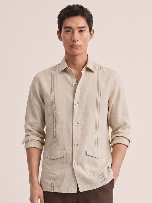 Beige 100% Pure Linen Signature Overshirt