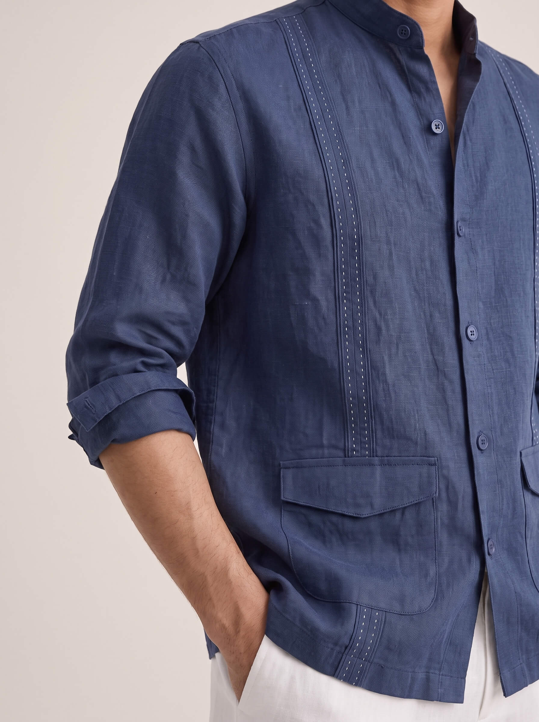 Signature Stitch | Navy 100% Pure Linen Overshirt