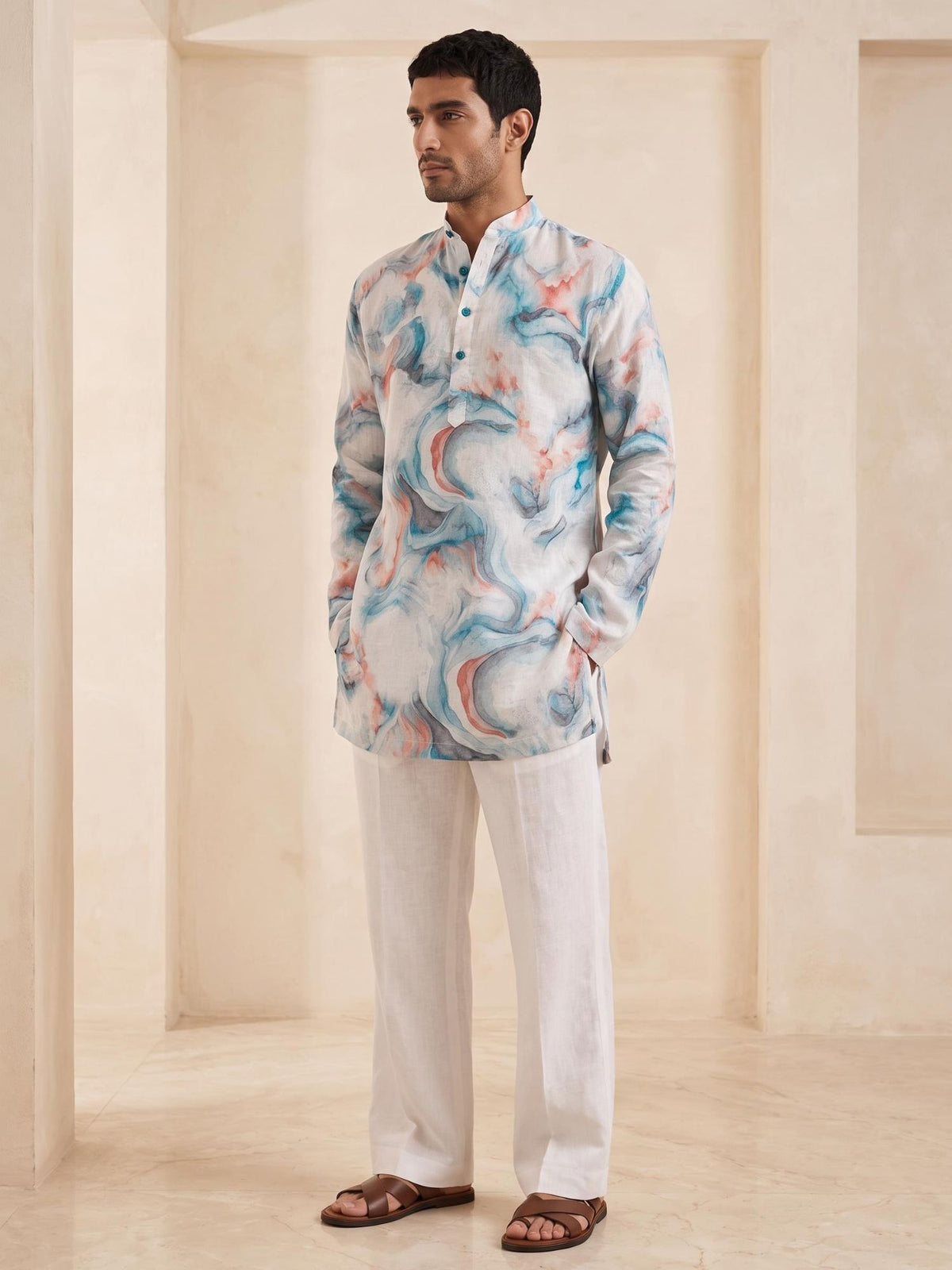 Marble Teal | 100% Pure Linen Mid-Length Kurta