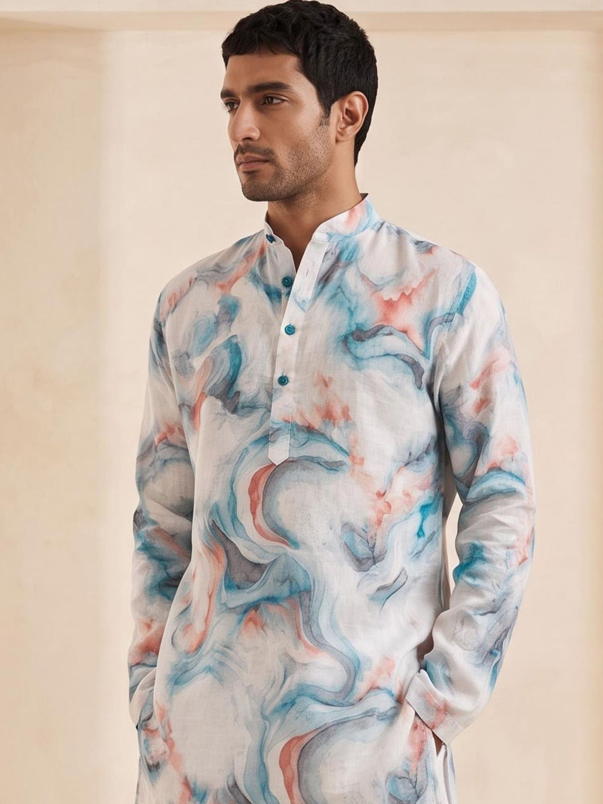 Marble Teal | 100% Pure Linen Mid-Length Kurta