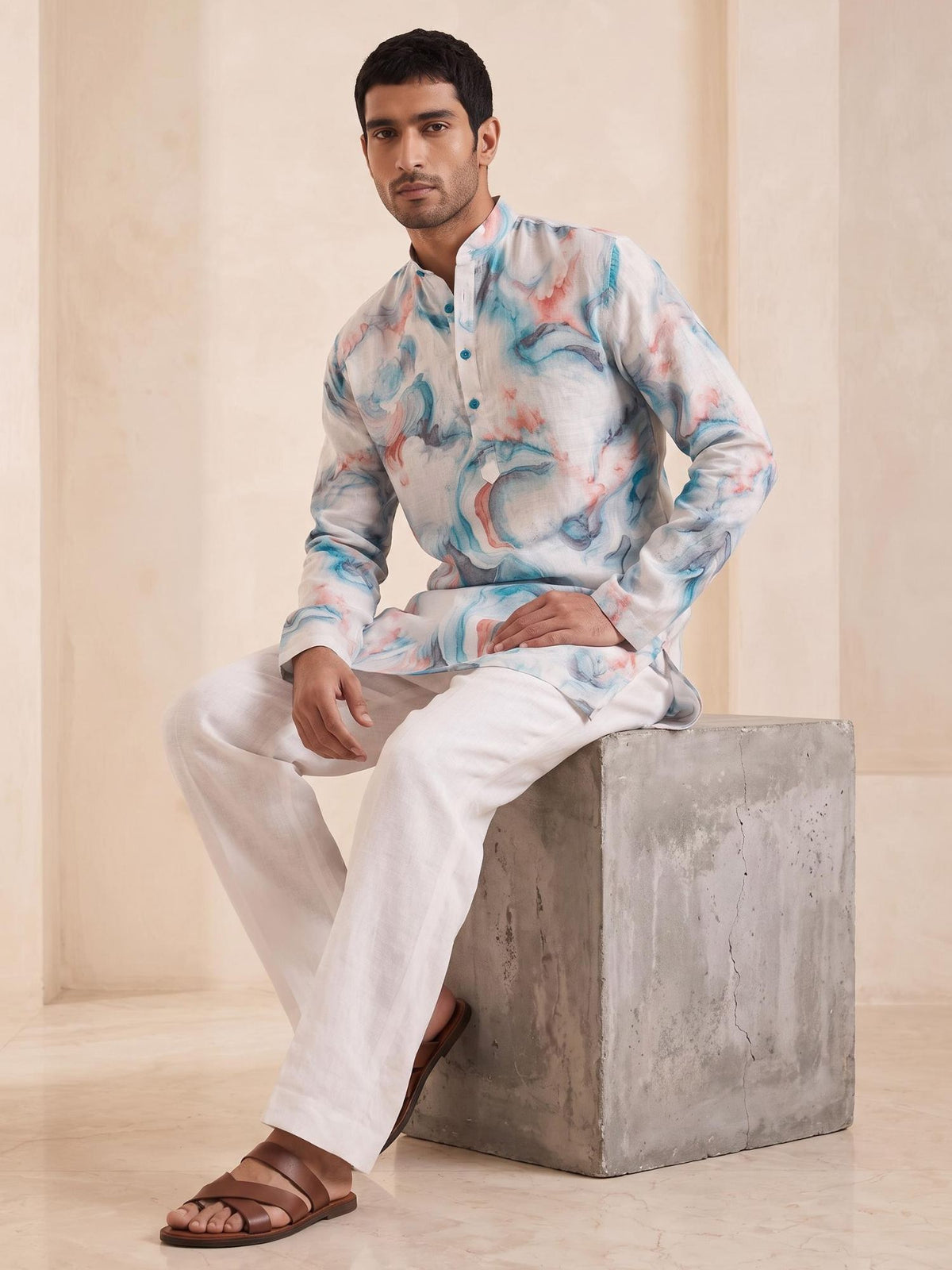 Marble Teal | 100% Pure Linen Mid-Length Kurta