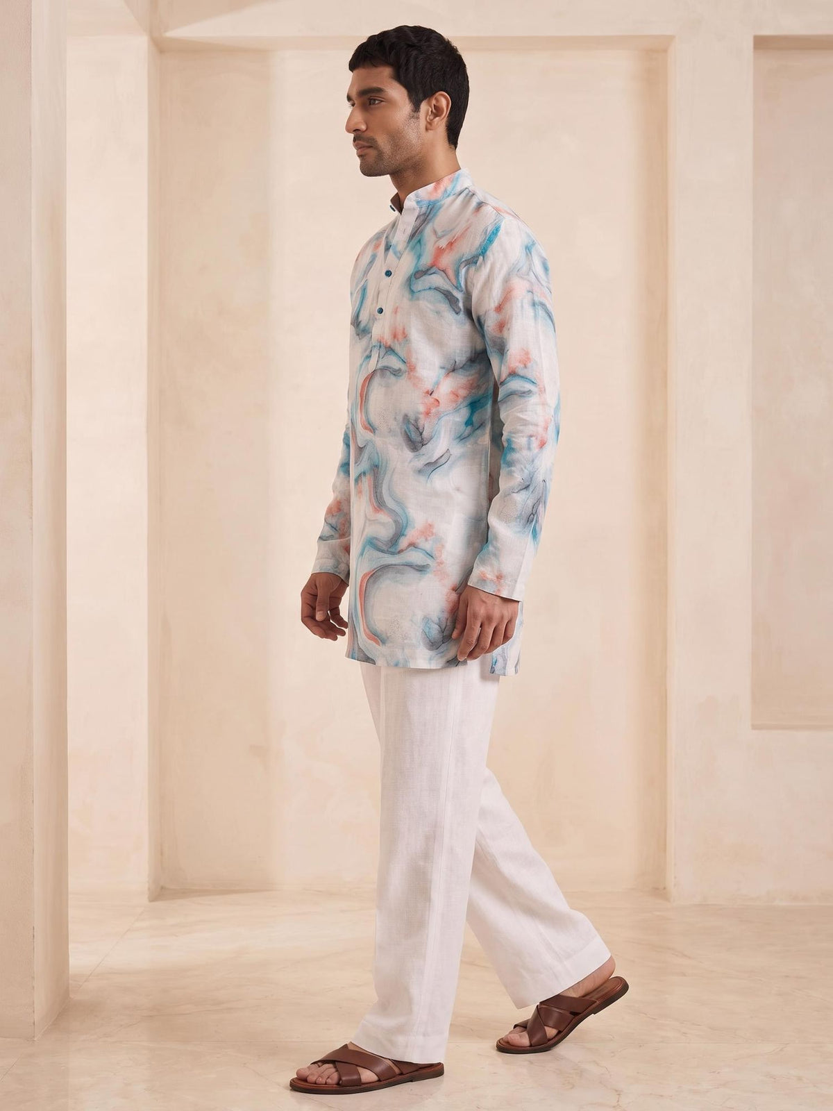 Marble Teal | 100% Pure Linen Mid-Length Kurta