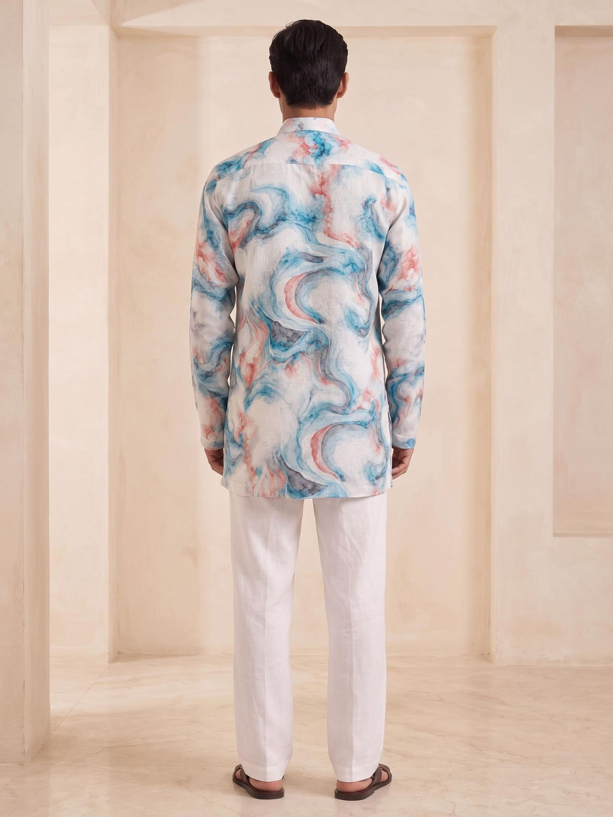 Marble Teal | 100% Pure Linen Mid-Length Kurta