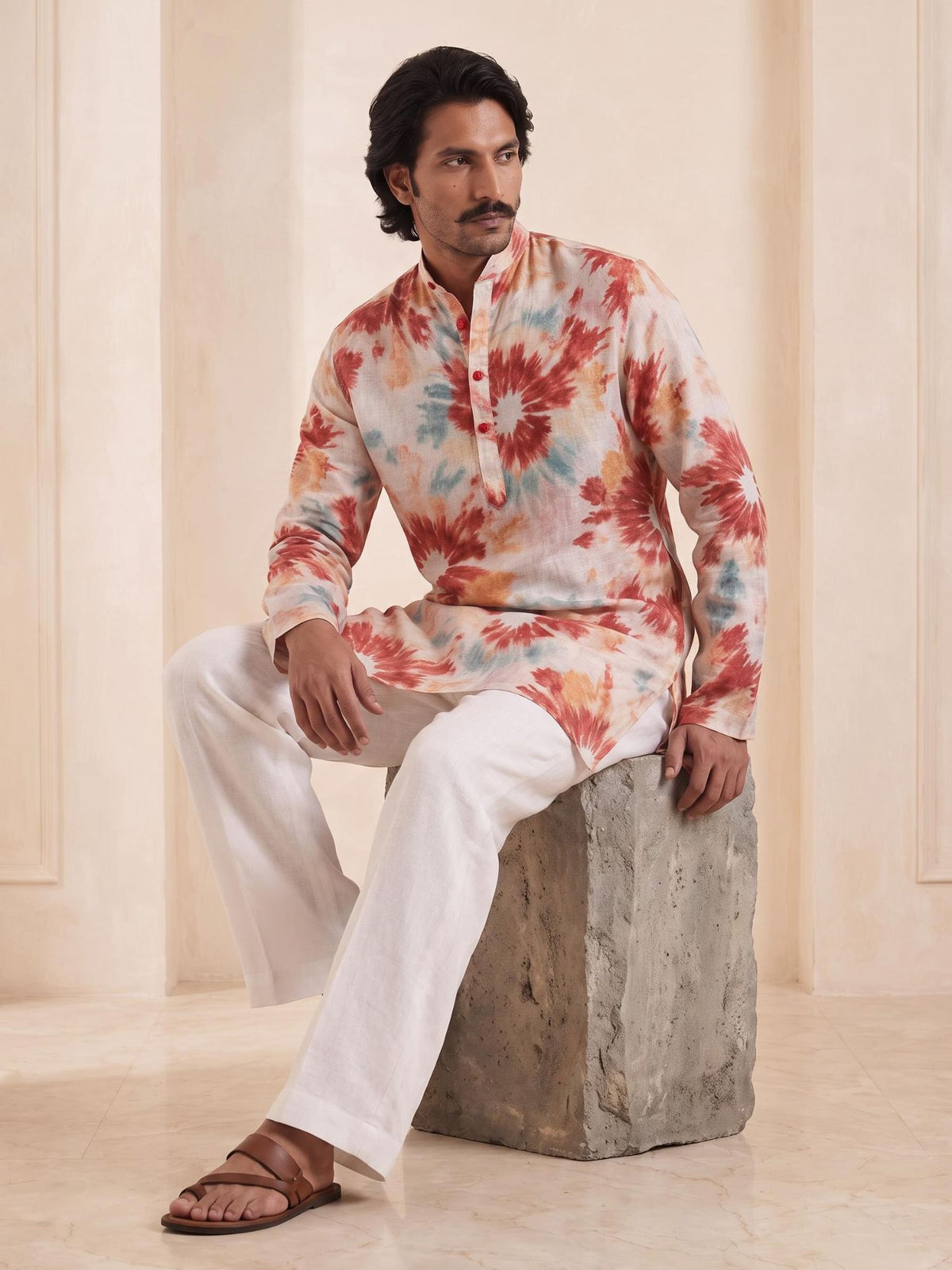 Floral Rust | 100% Pure Linen Mid-Length Kurta