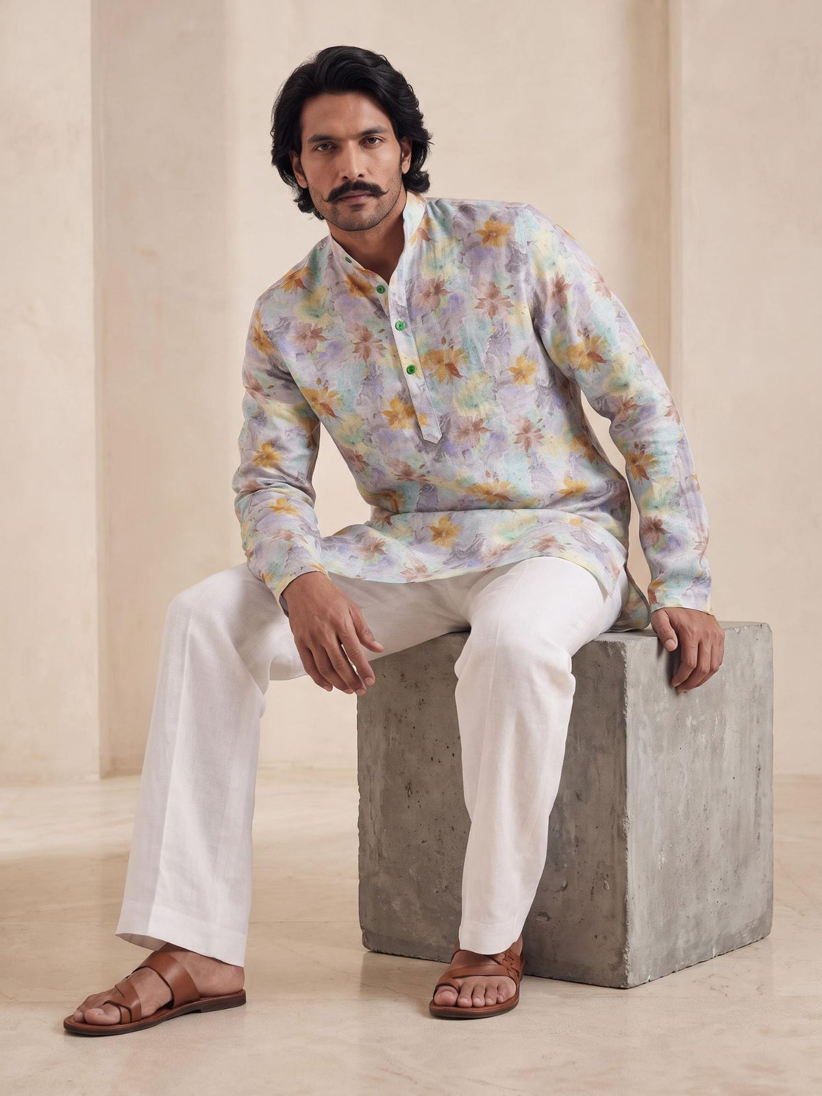 Patina Mint | 100% Pure Linen Mid-Length Kurta