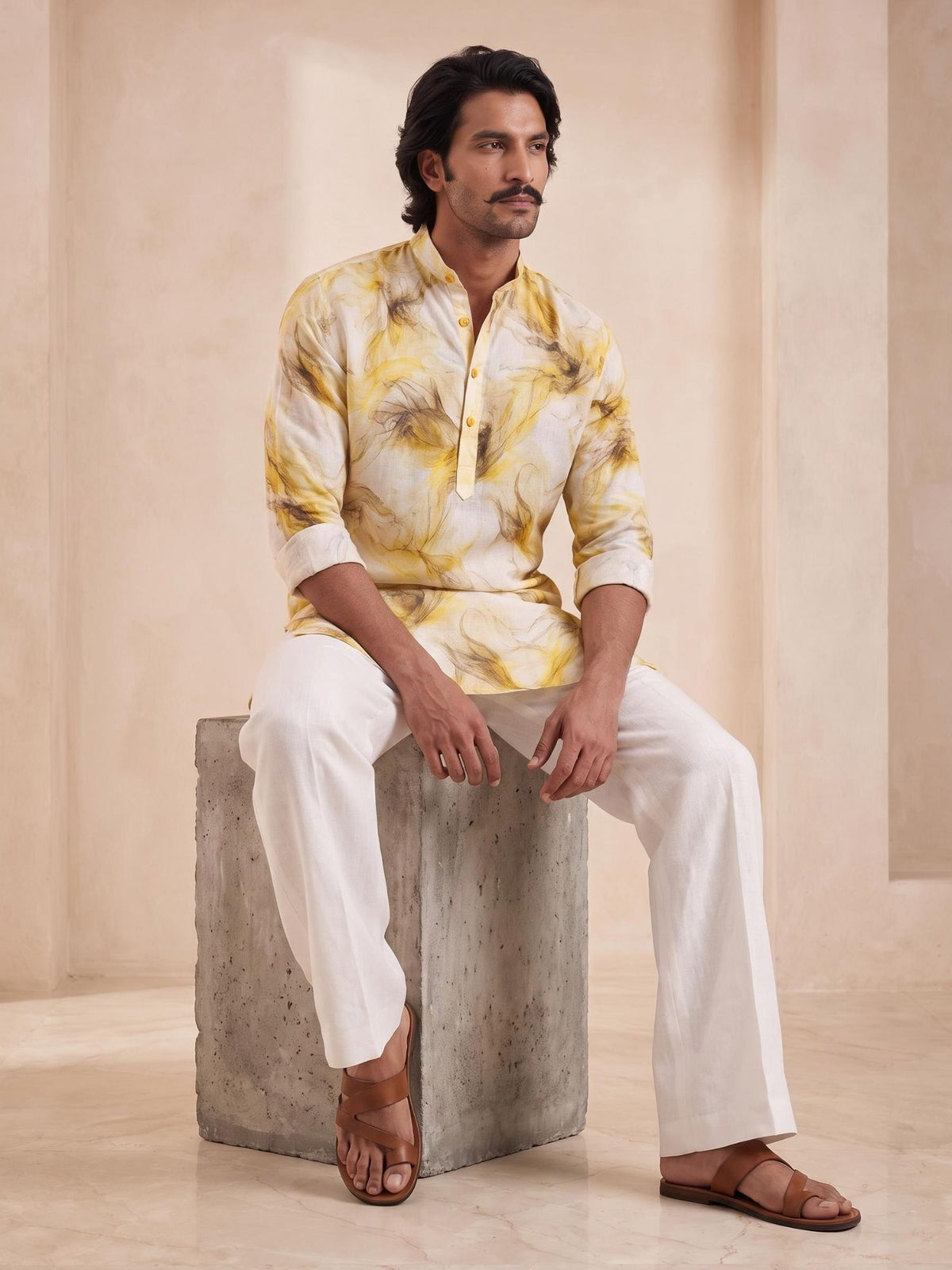 Gold Sand | 100% Pure Linen Mid-Length Kurta