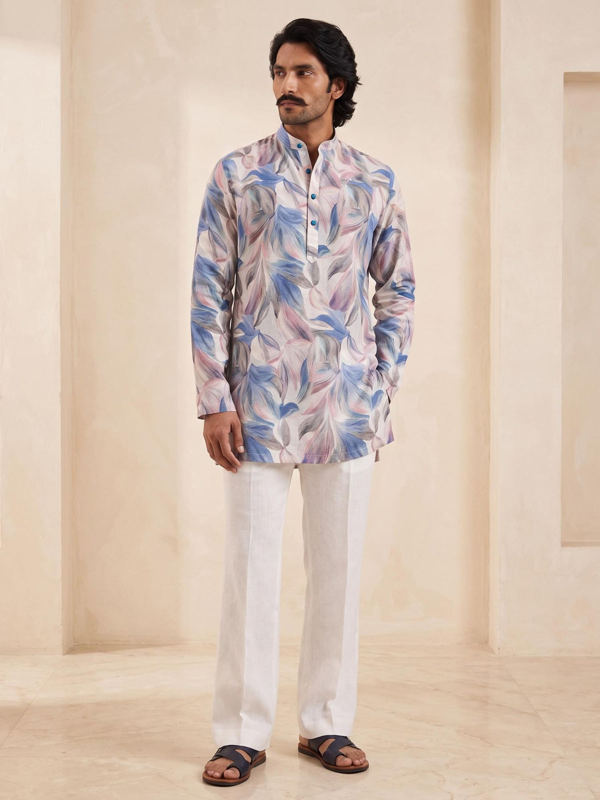 Indigo Floral | 100% Pure Linen Mid-Length Kurta