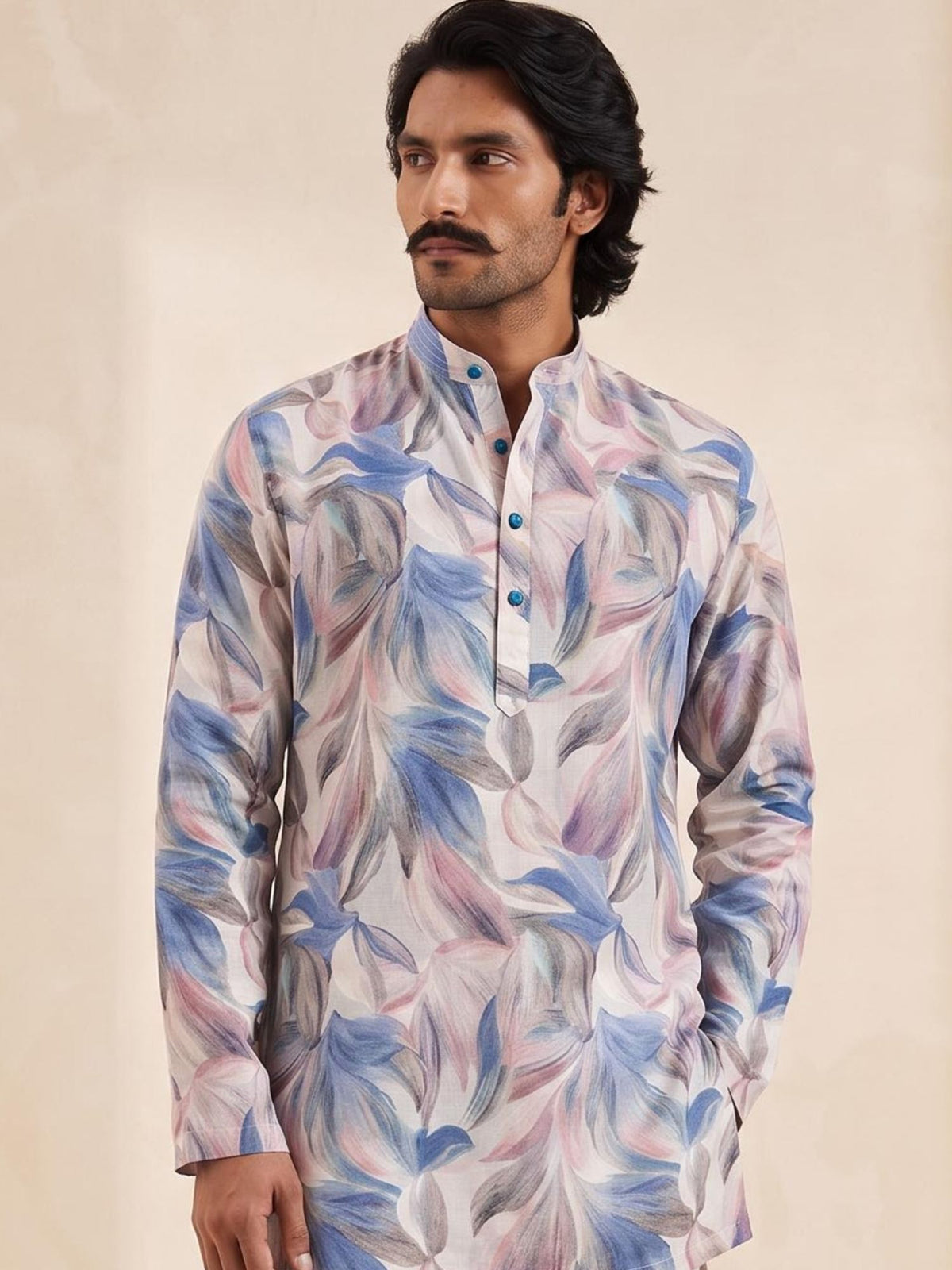 Indigo Floral | 100% Pure Linen Mid-Length Kurta