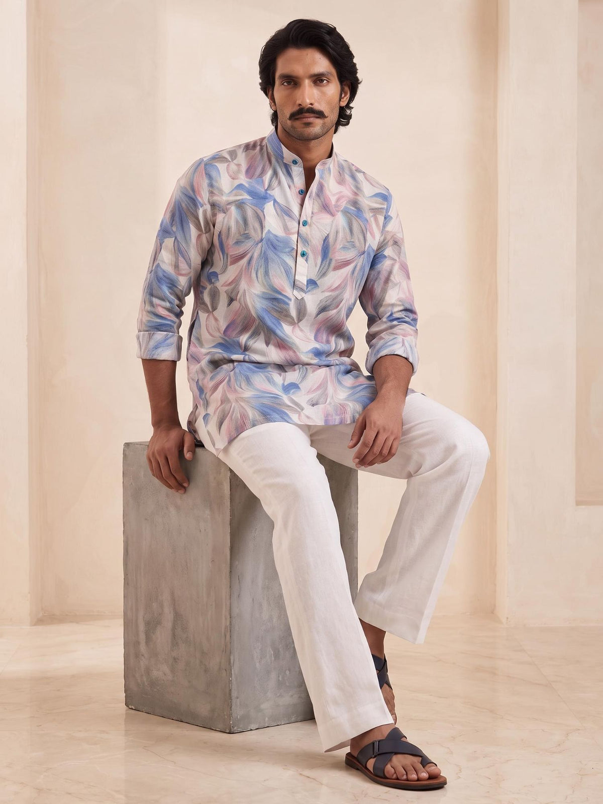 Indigo Floral | 100% Pure Linen Mid-Length Kurta