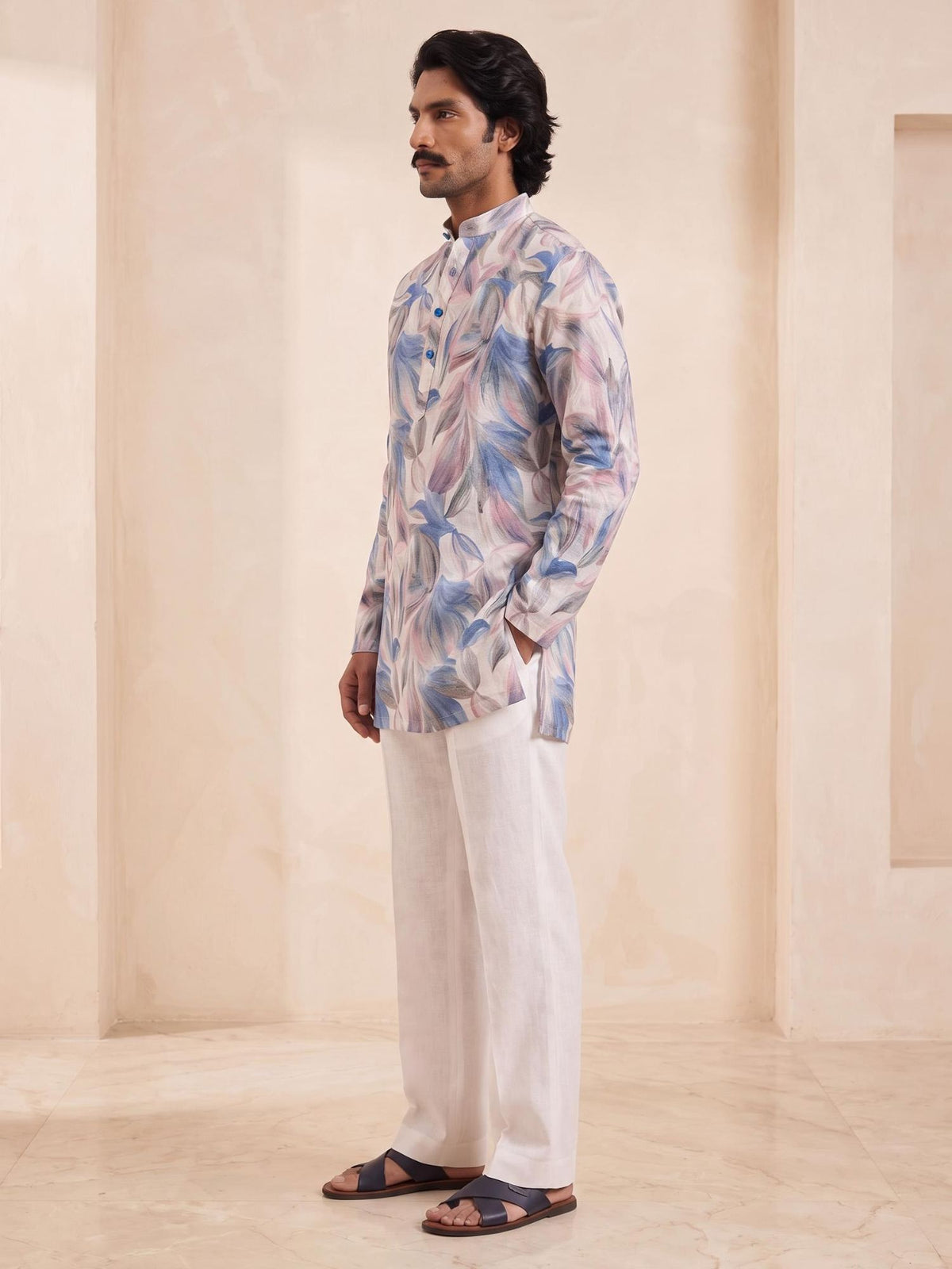 Indigo Floral | 100% Pure Linen Mid-Length Kurta