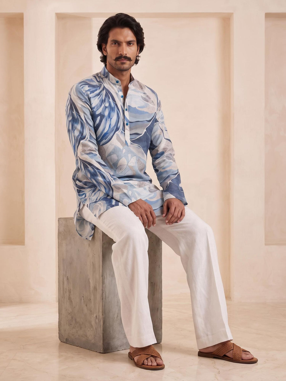 Denim Abstract | 100% Pure Linen Mid-Length Kurta