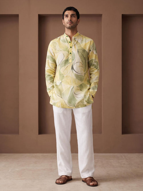 Lime Abstract | 100% Pure Linen Mid-Length Kurta