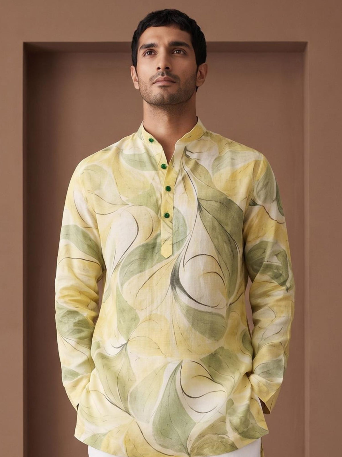 Lime Abstract | 100% Pure Linen Mid-Length Kurta