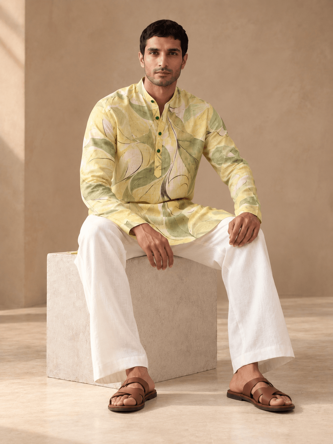 Lime Abstract | 100% Pure Linen Mid-Length Kurta