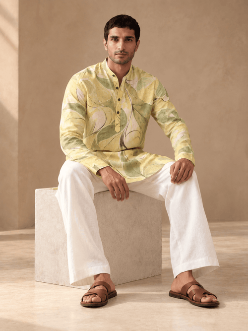 Lime Abstract | 100% Pure Linen Mid-Length Kurta