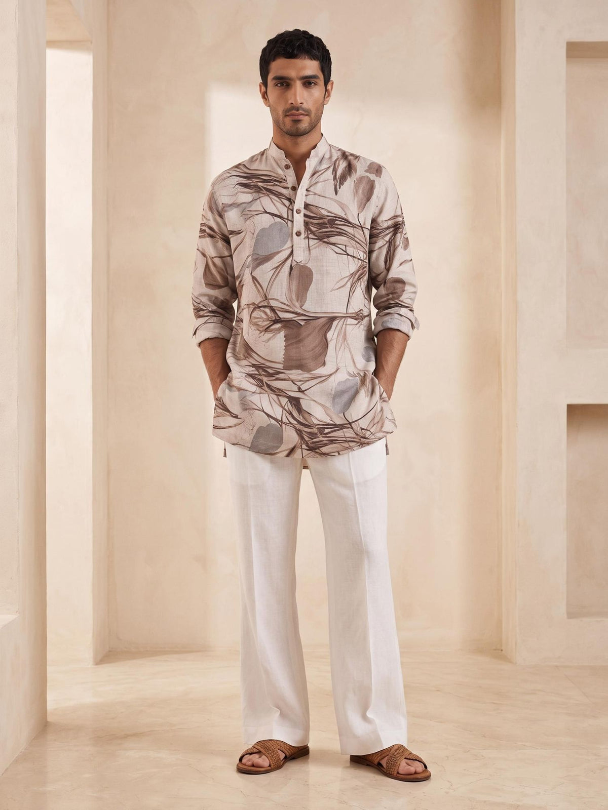 Taupe Foliage | 100% Pure Linen Mid-Length Kurta