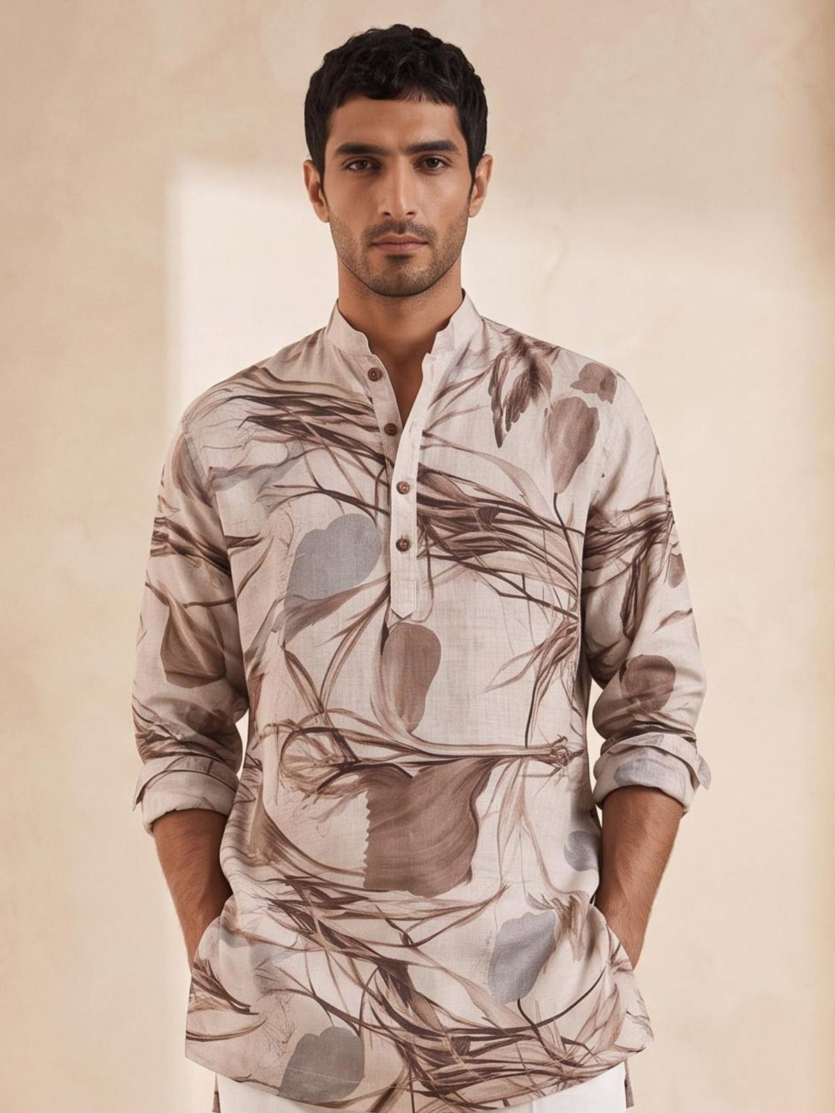Taupe Foliage | 100% Pure Linen Mid-Length Kurta