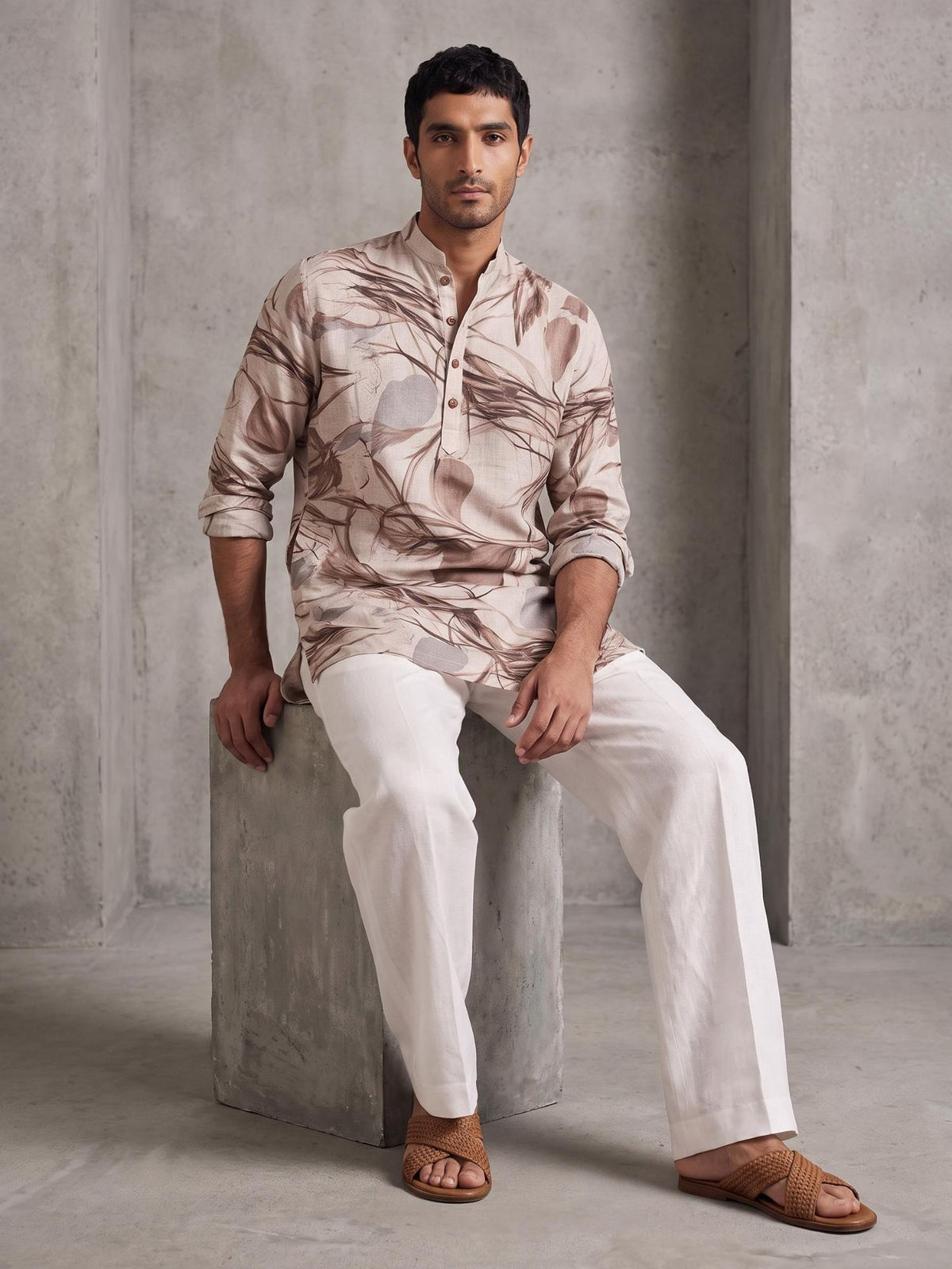 Taupe Foliage | 100% Pure Linen Mid-Length Kurta