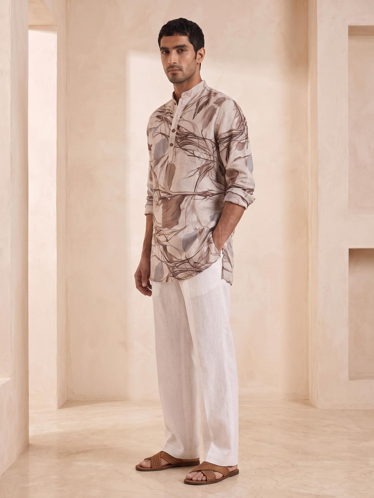 Taupe Foliage | 100% Pure Linen Mid-Length Kurta