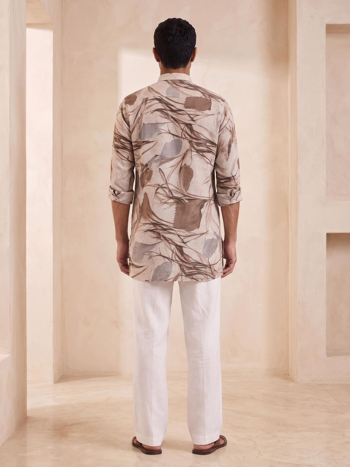 Taupe Foliage | 100% Pure Linen Mid-Length Kurta