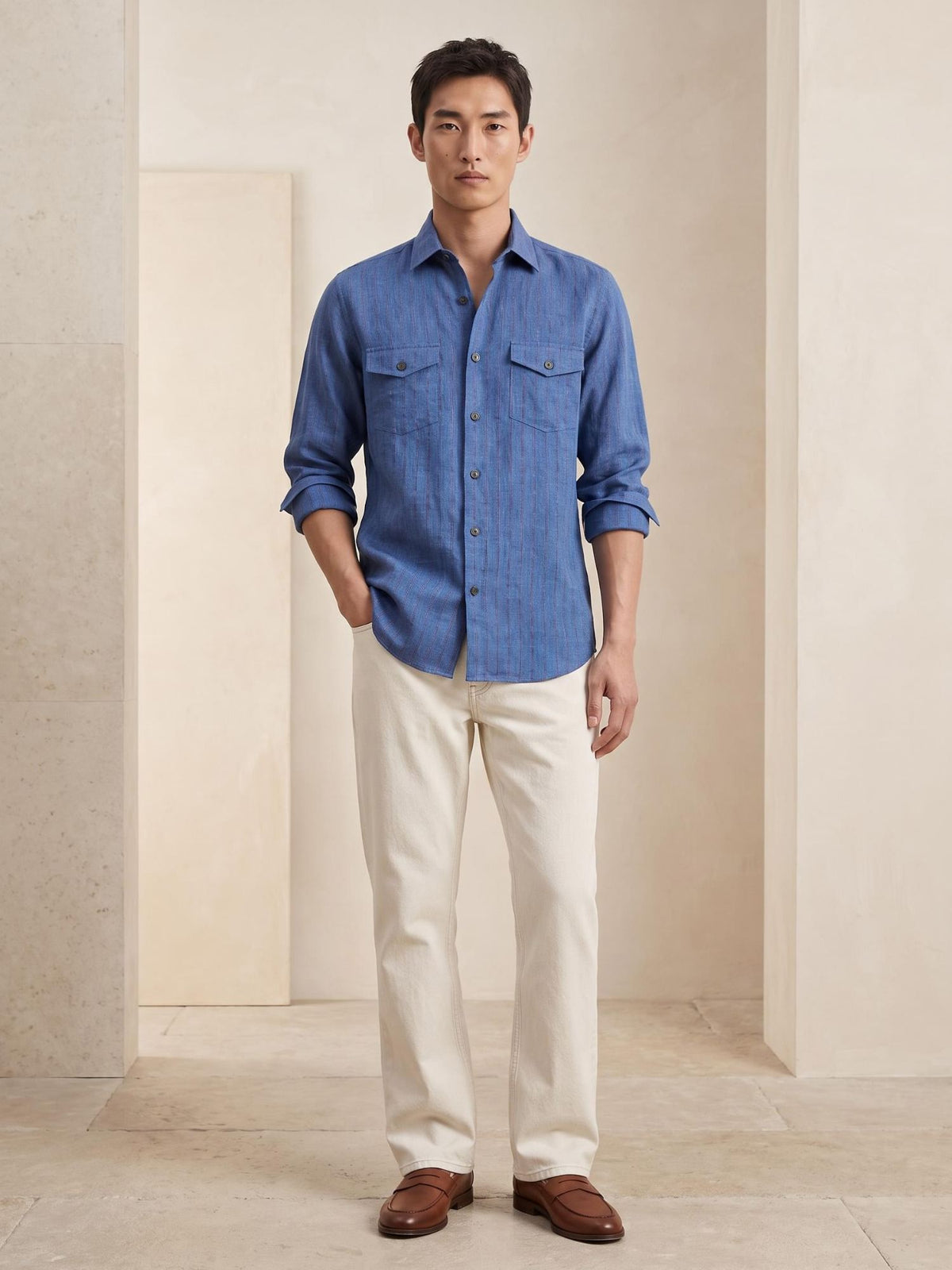 Blue Striped Royal 100% Pure Linen Safari