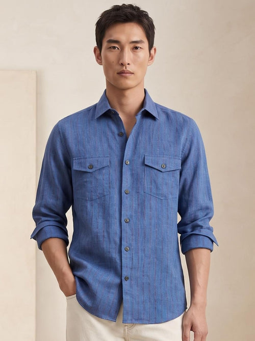 Blue Striped Royal 100% Pure Linen Safari