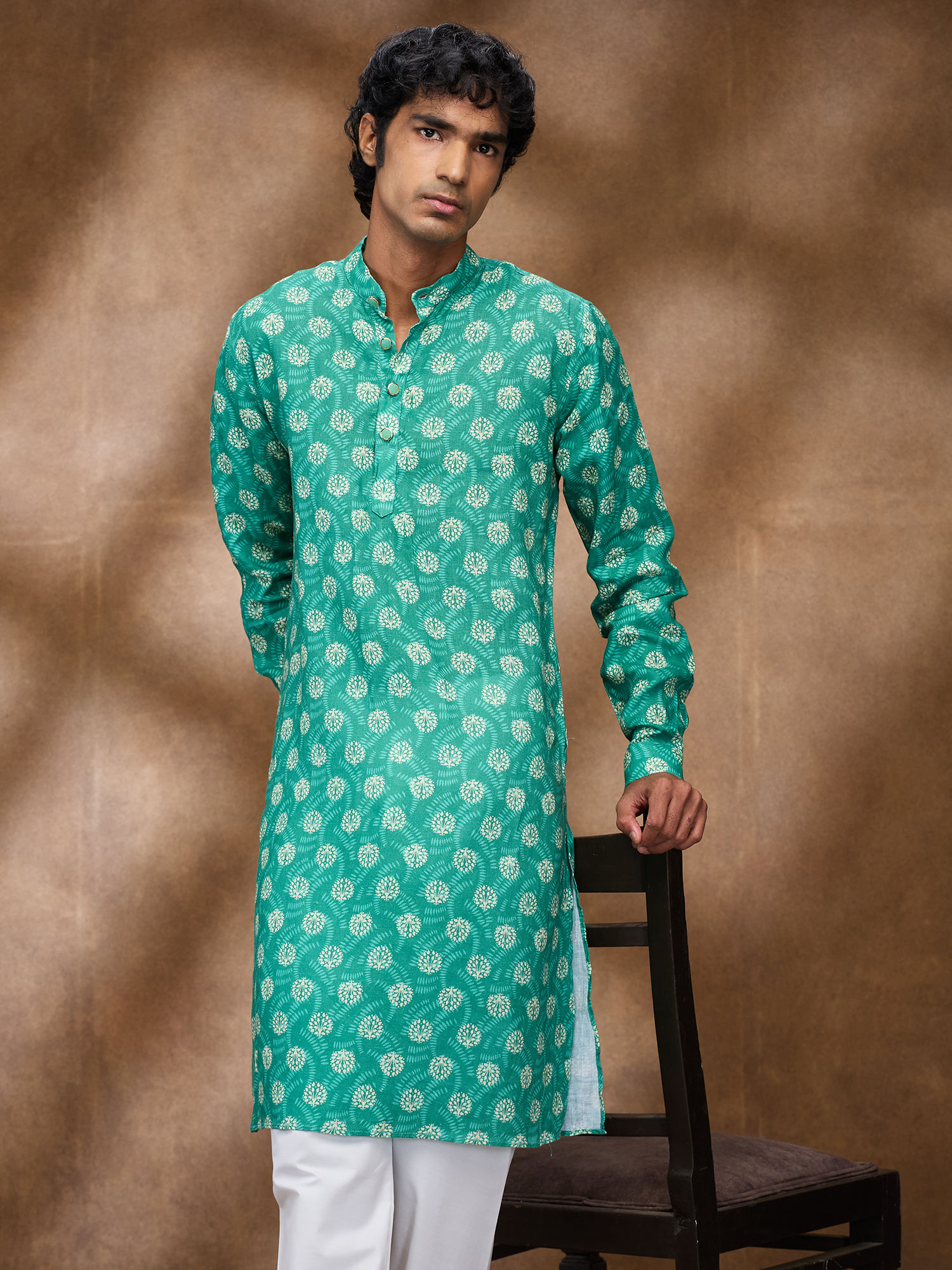 Green Print 100% Pure Linen Long Kurta