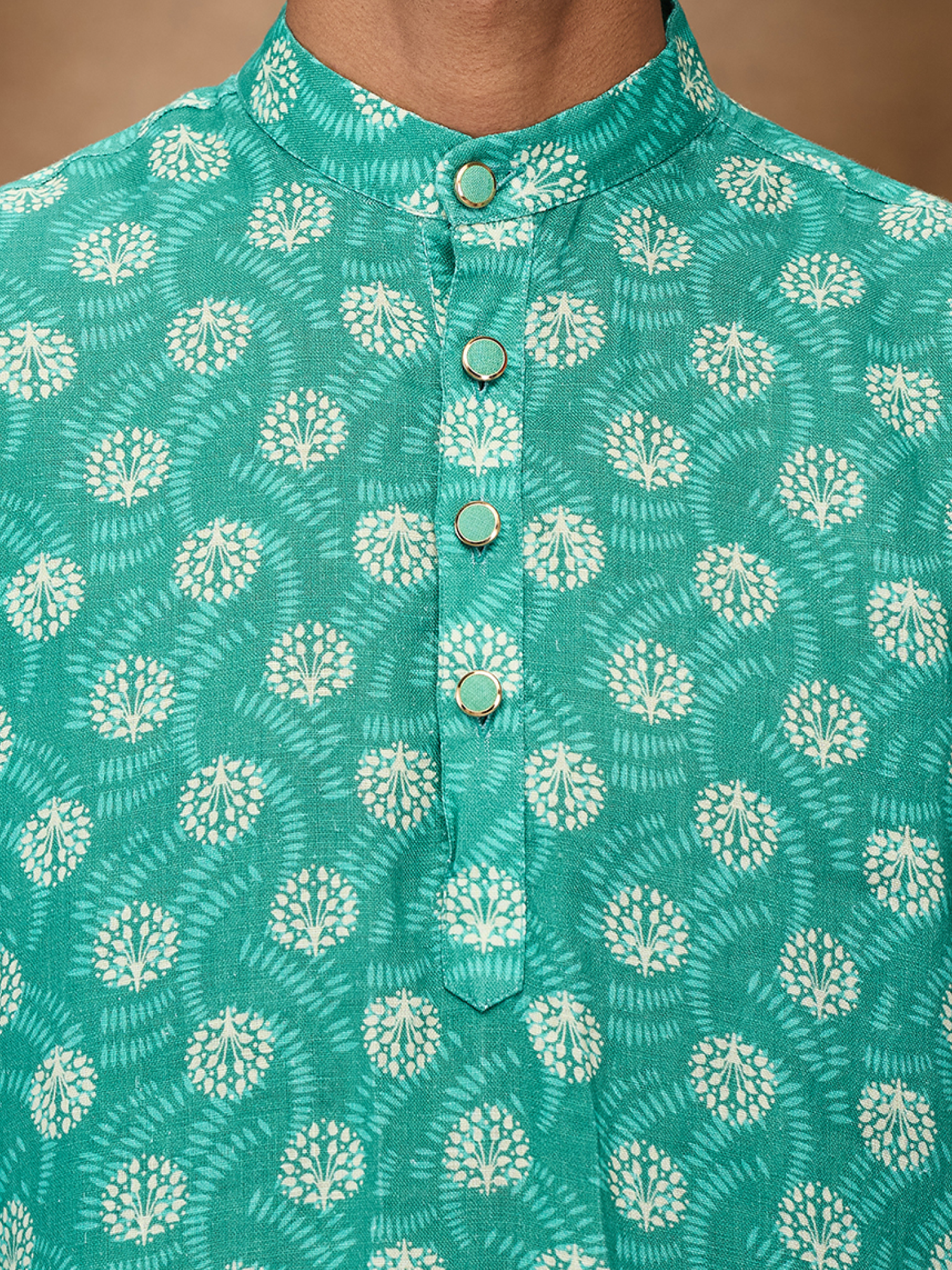 Green Print 100% Pure Linen Long Kurta