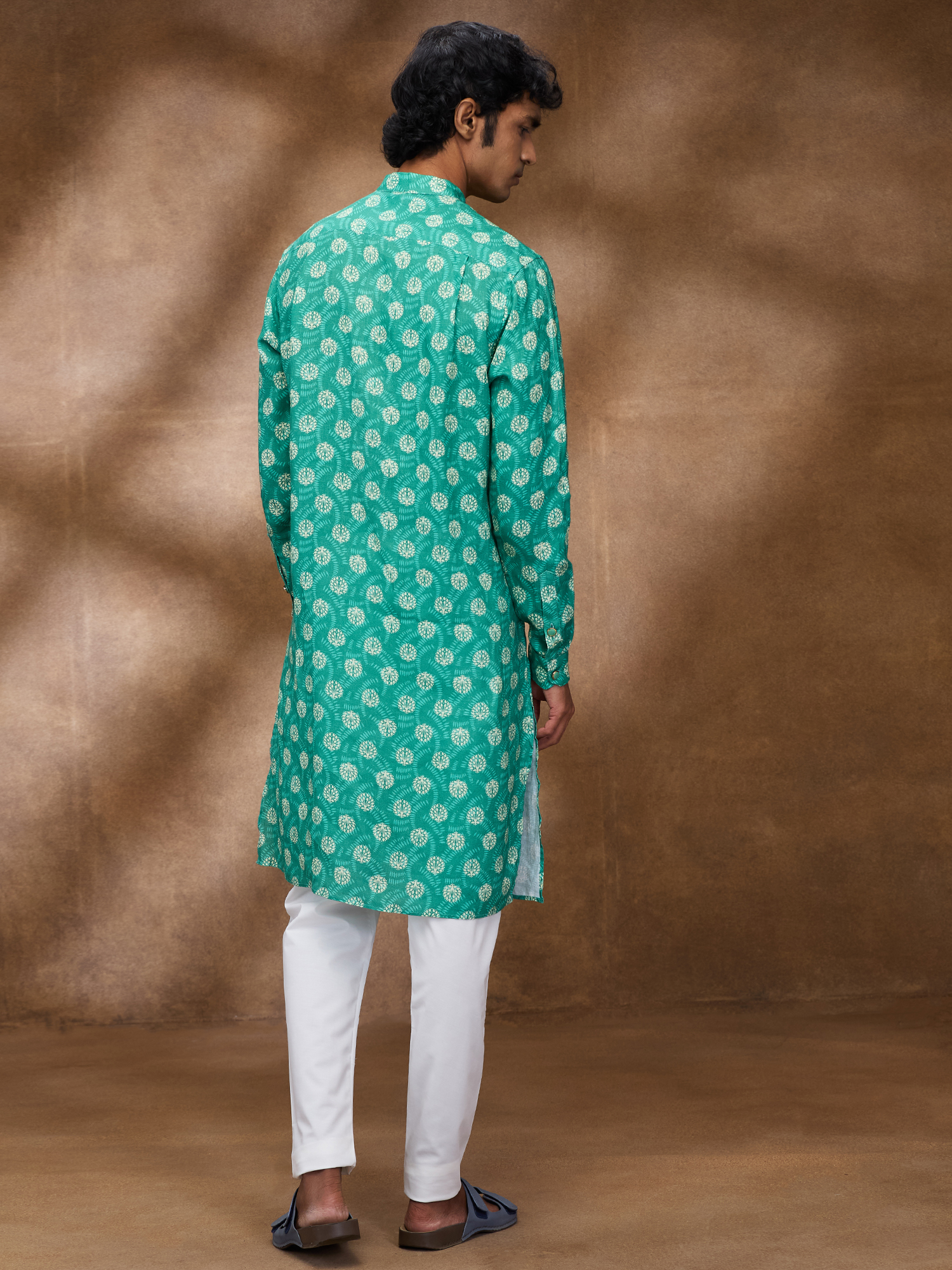 Green Print 100% Pure Linen Long Kurta