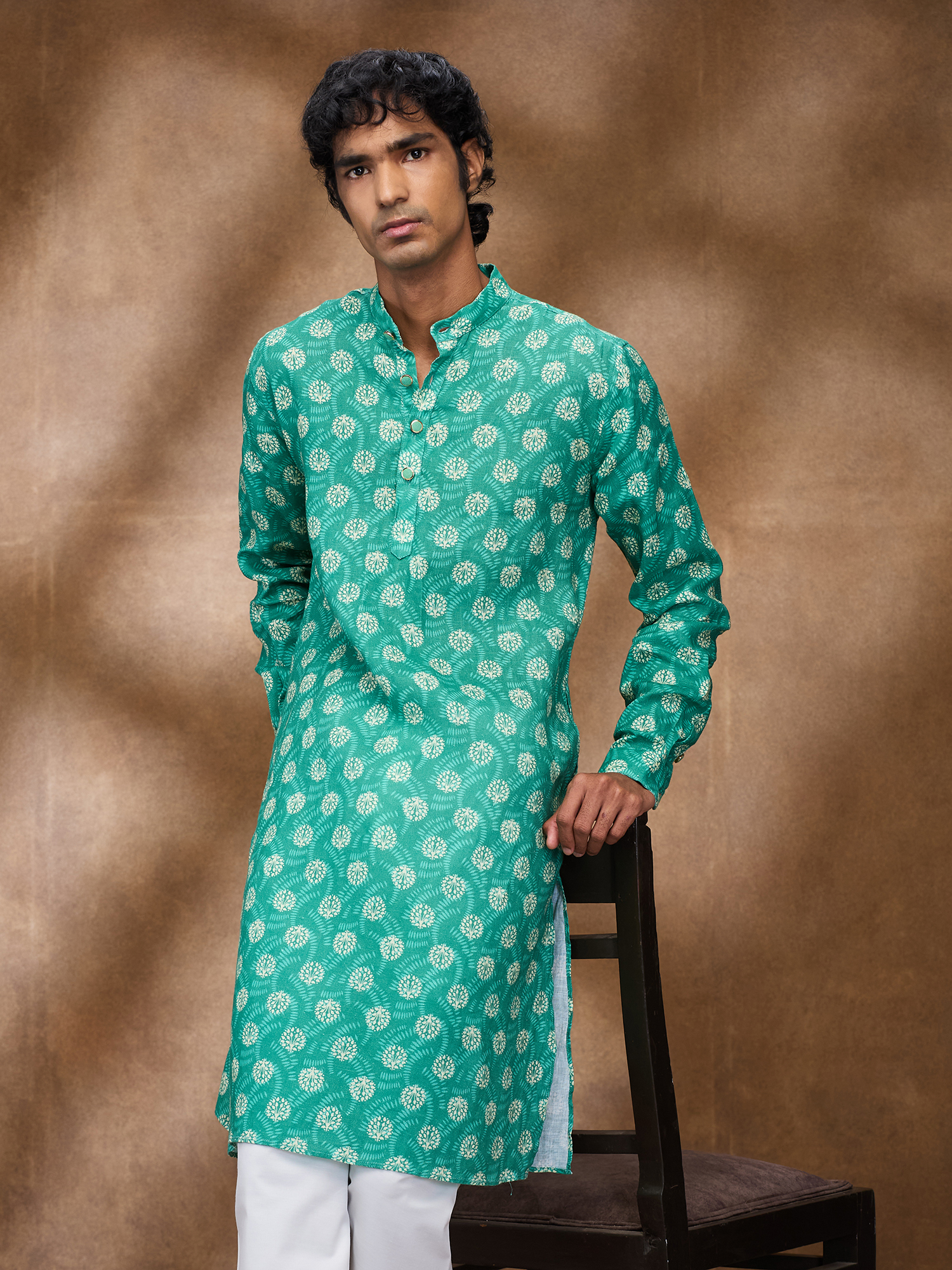 Green Print 100% Pure Linen Long Kurta