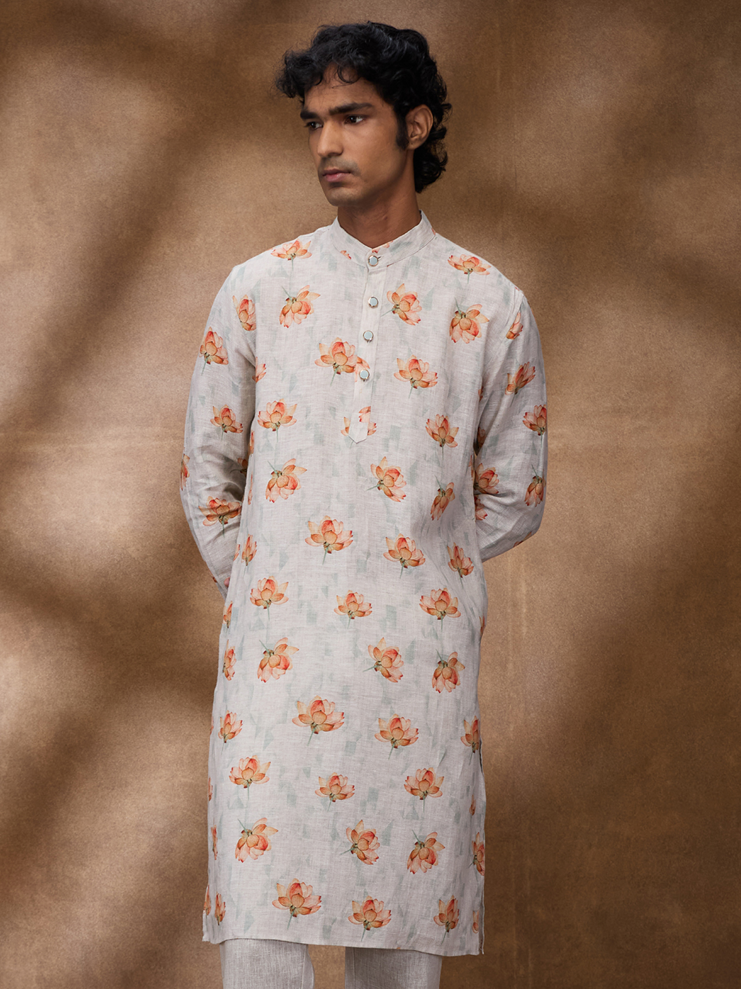 Gray Print 100% Pure Linen Long Kurta