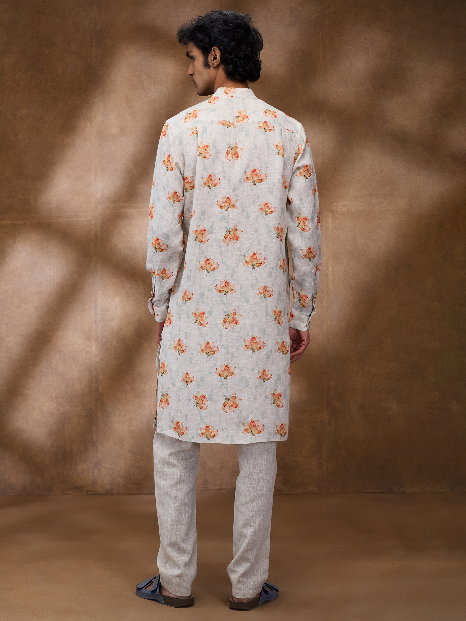 Gray Print 100% Pure Linen Long Kurta