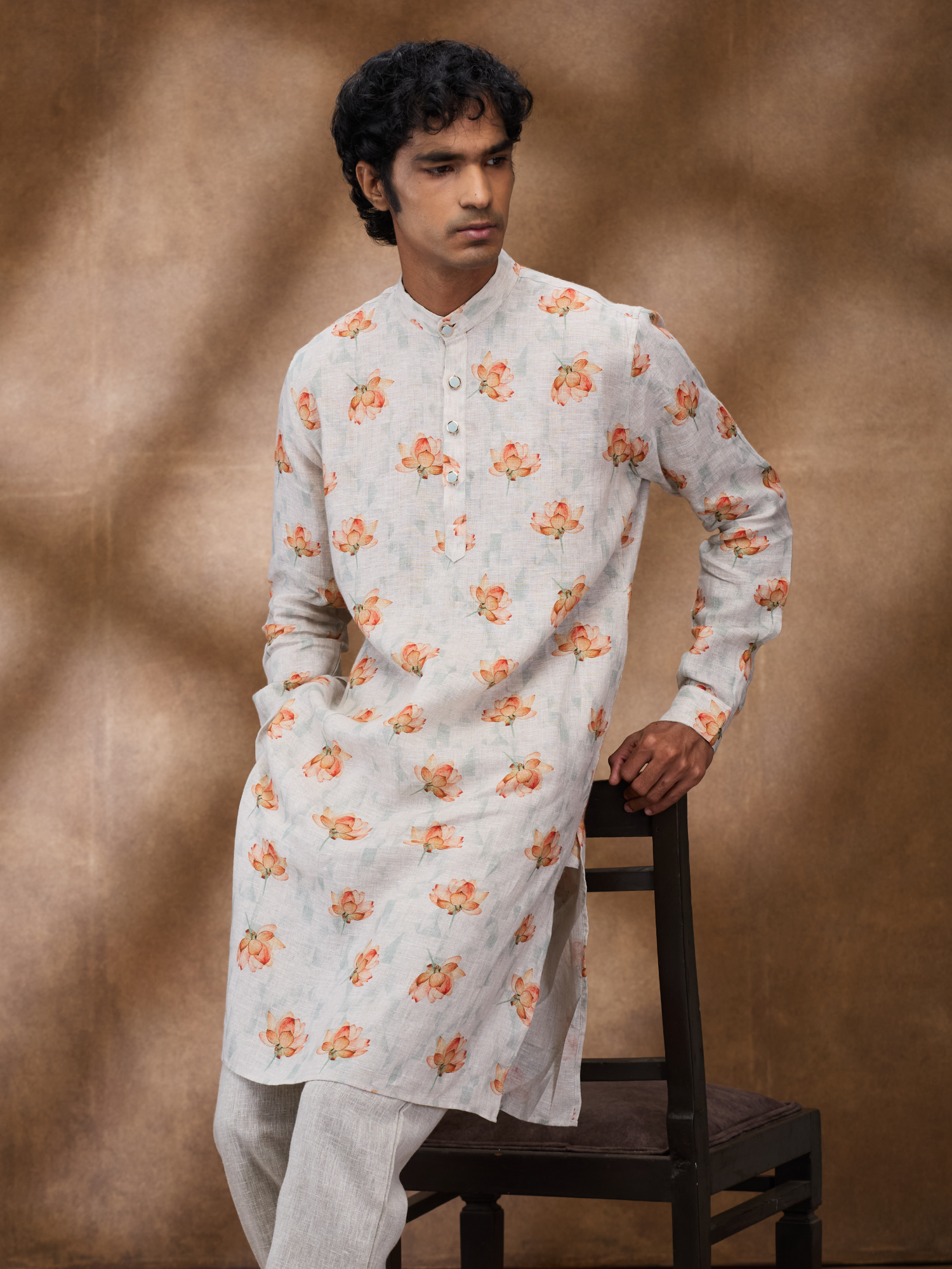 Gray Print 100% Pure Linen Long Kurta