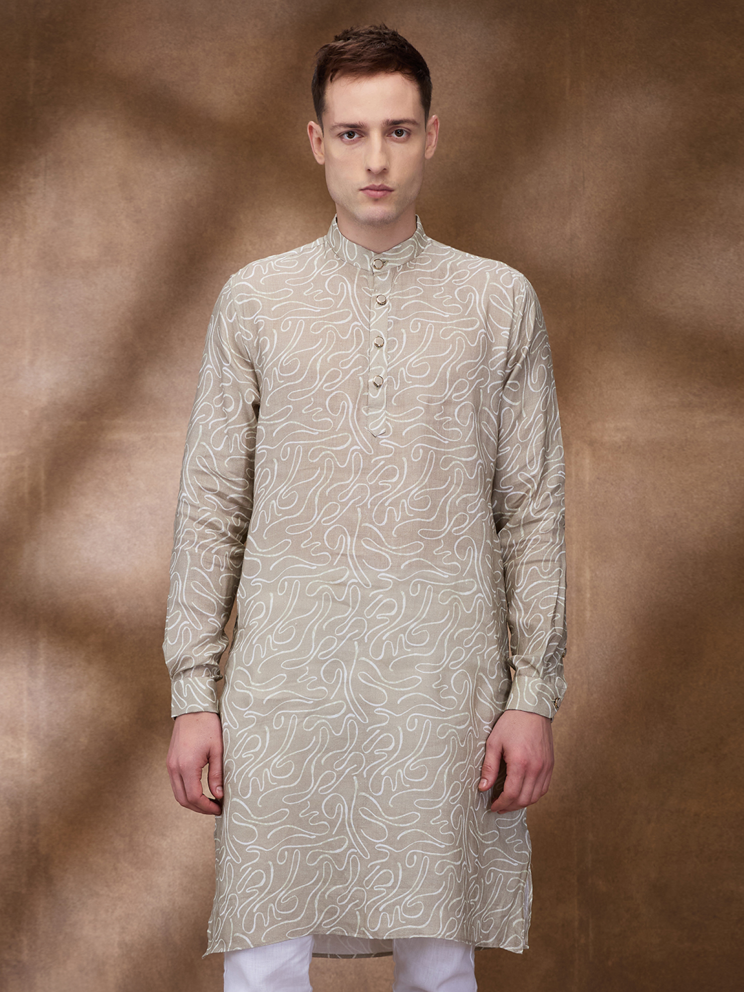 Khaki Print 100% Pure Linen Long Kurta