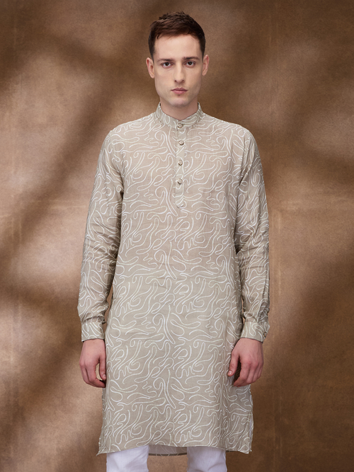 Khaki Print 100% Pure Linen Long Kurta