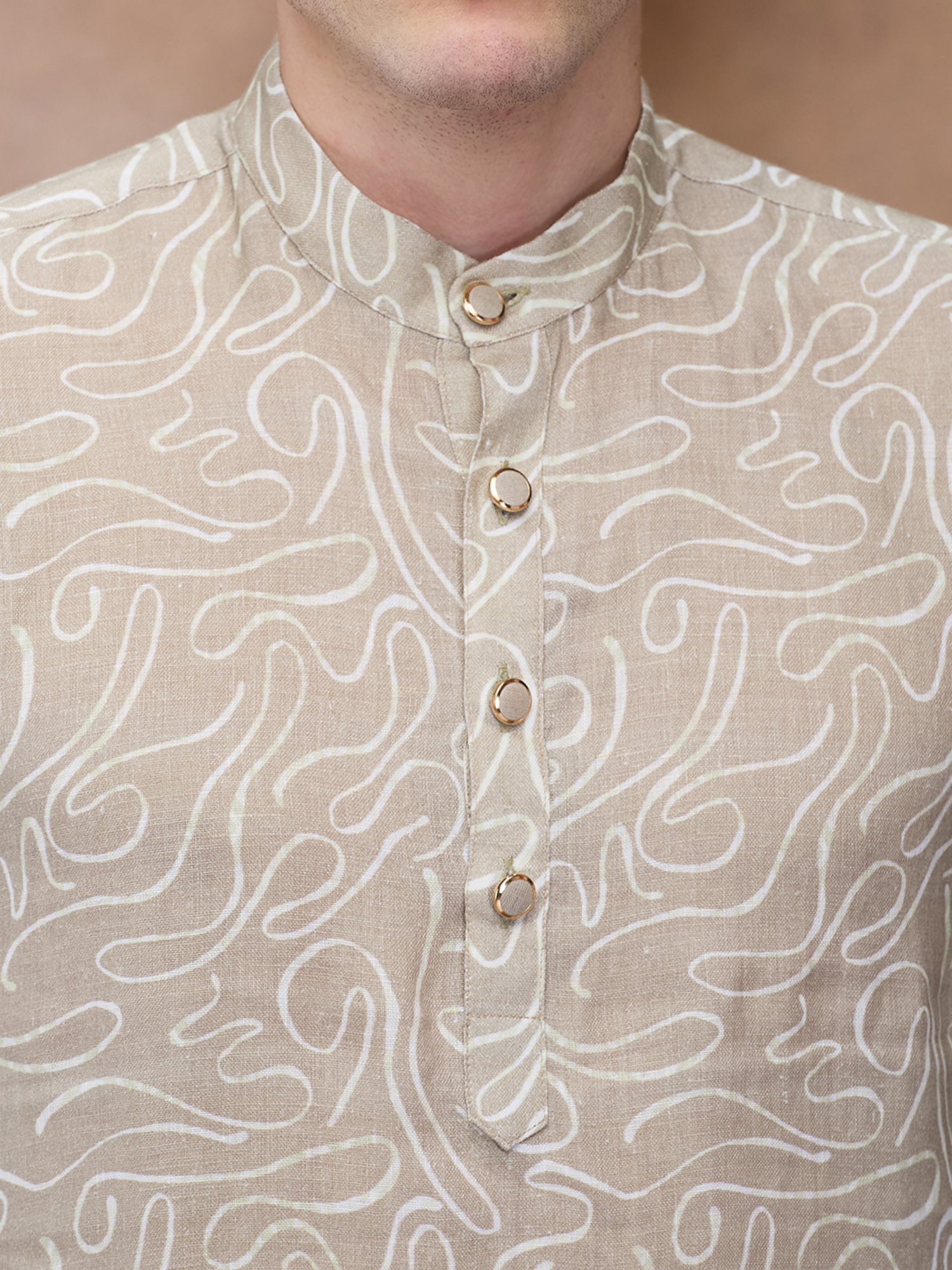 Khaki Print 100% Pure Linen Long Kurta