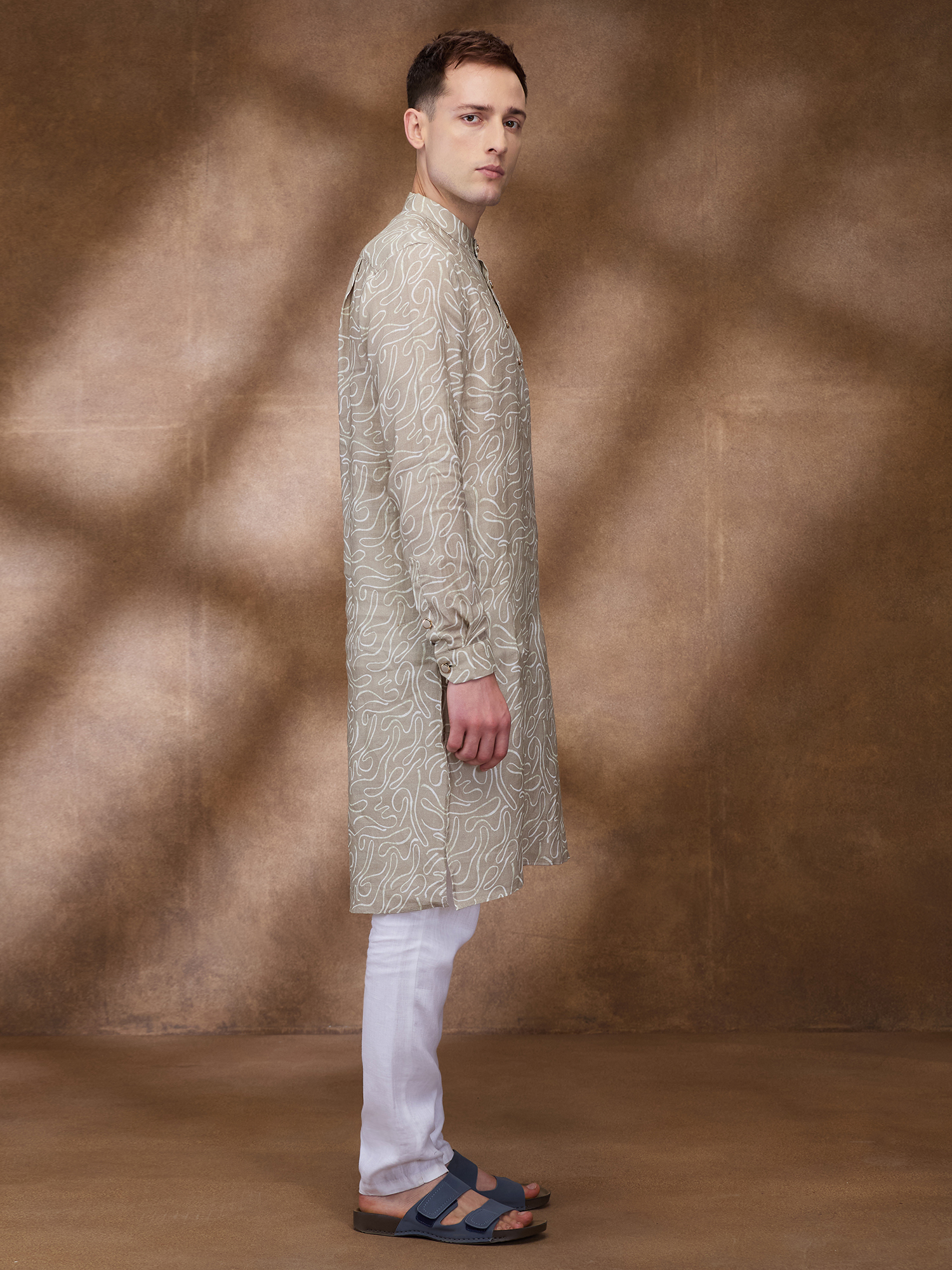 Khaki Print 100% Pure Linen Long Kurta