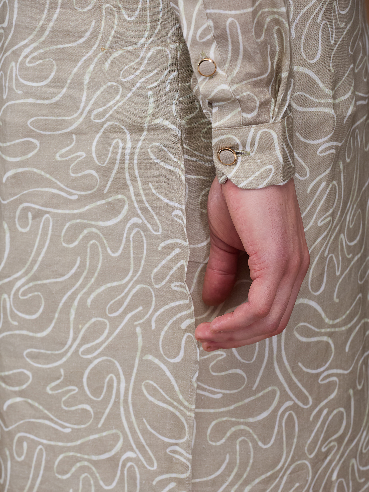 Khaki Print 100% Pure Linen Long Kurta