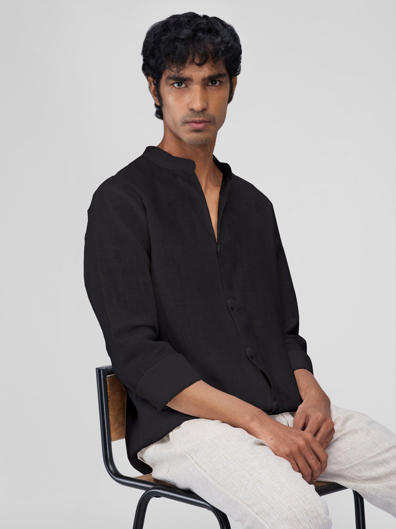 Airavat Mandarin | Black 100% Pure Linen - Bhrata
