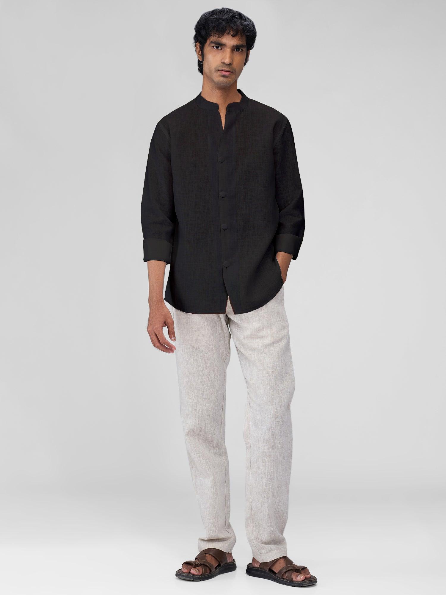 Airavat Mandarin | Black 100% Pure Linen - Bhrata